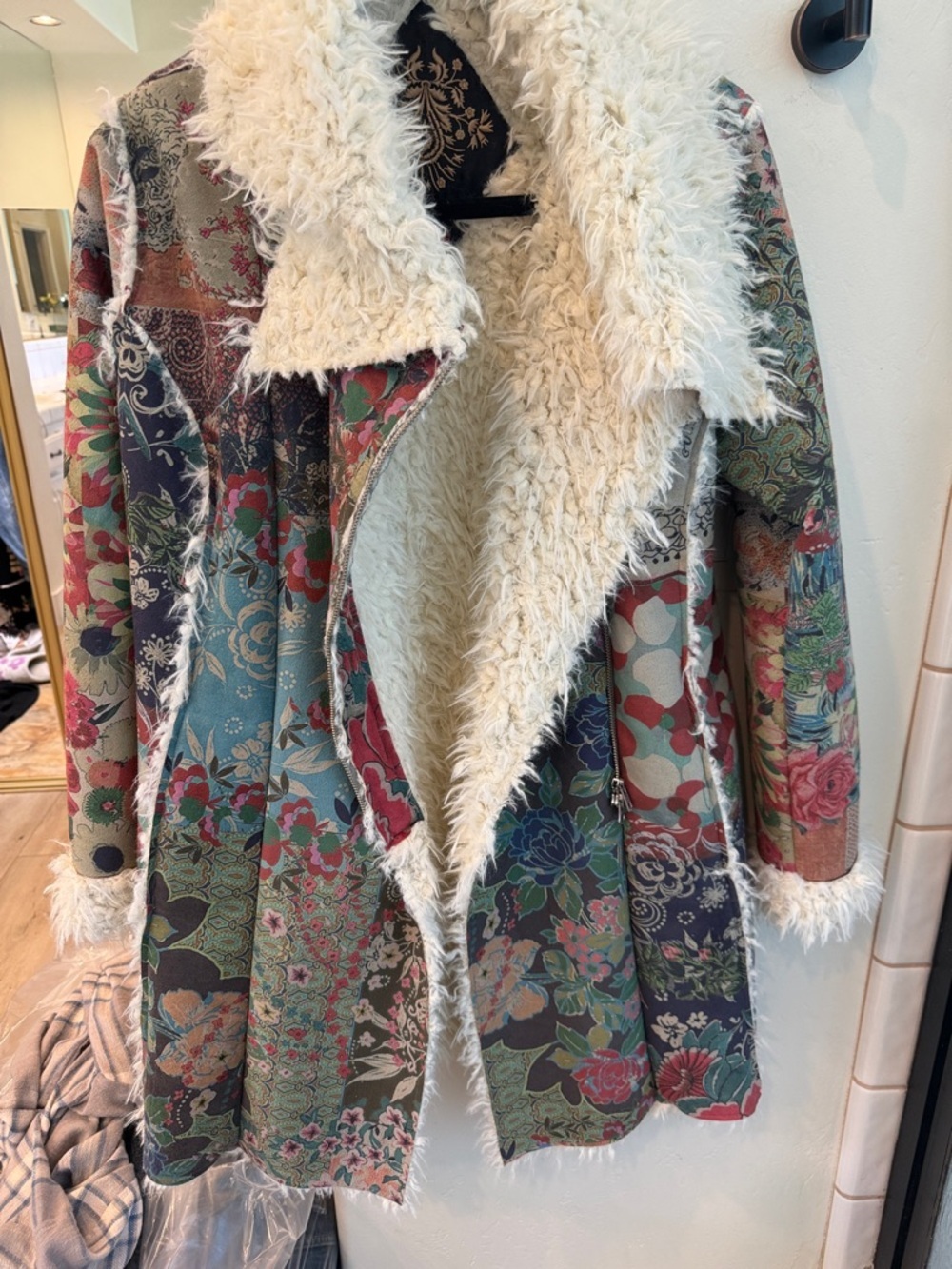 Johnny Was Multicolor Floral Patchwork BIYA Coat with Cream Faux-Shearling